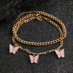 Boho Layered Pink Butterfly Charm Anklet Set