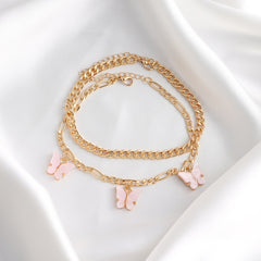 Boho Layered Pink Butterfly Charm Anklet Set