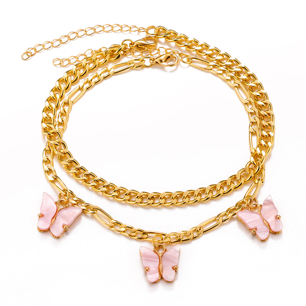 Boho Layered Pink Butterfly Charm Anklet Set