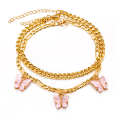 Boho Layered Pink Butterfly Charm Anklet Set