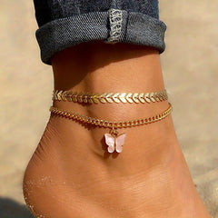 Boho Layered Pink Butterfly Charm Anklet Set