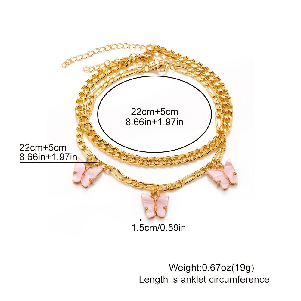 Boho Layered Pink Butterfly Charm Anklet Set