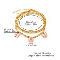 Boho Layered Pink Butterfly Charm Anklet Set
