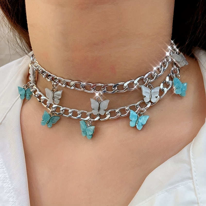 Y2K Colorful Butterfly Pendant Choker Necklace Multicolor Neck Accessories