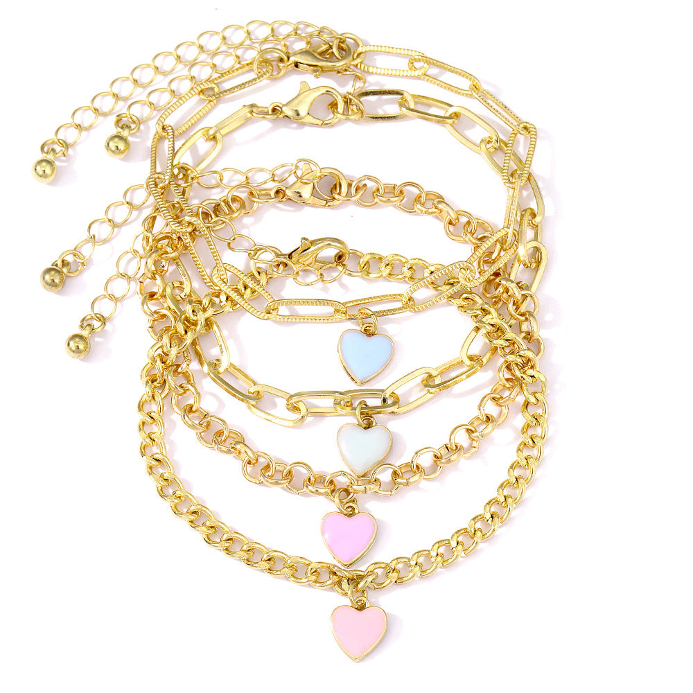 4pcs Heart Shape Pendant Chain Bracelets Adjustable Hand Jewelry for Girls