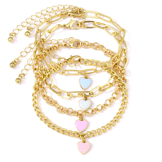 4pcs Heart Shape Pendant Chain Bracelets Adjustable Hand Jewelry for Girls