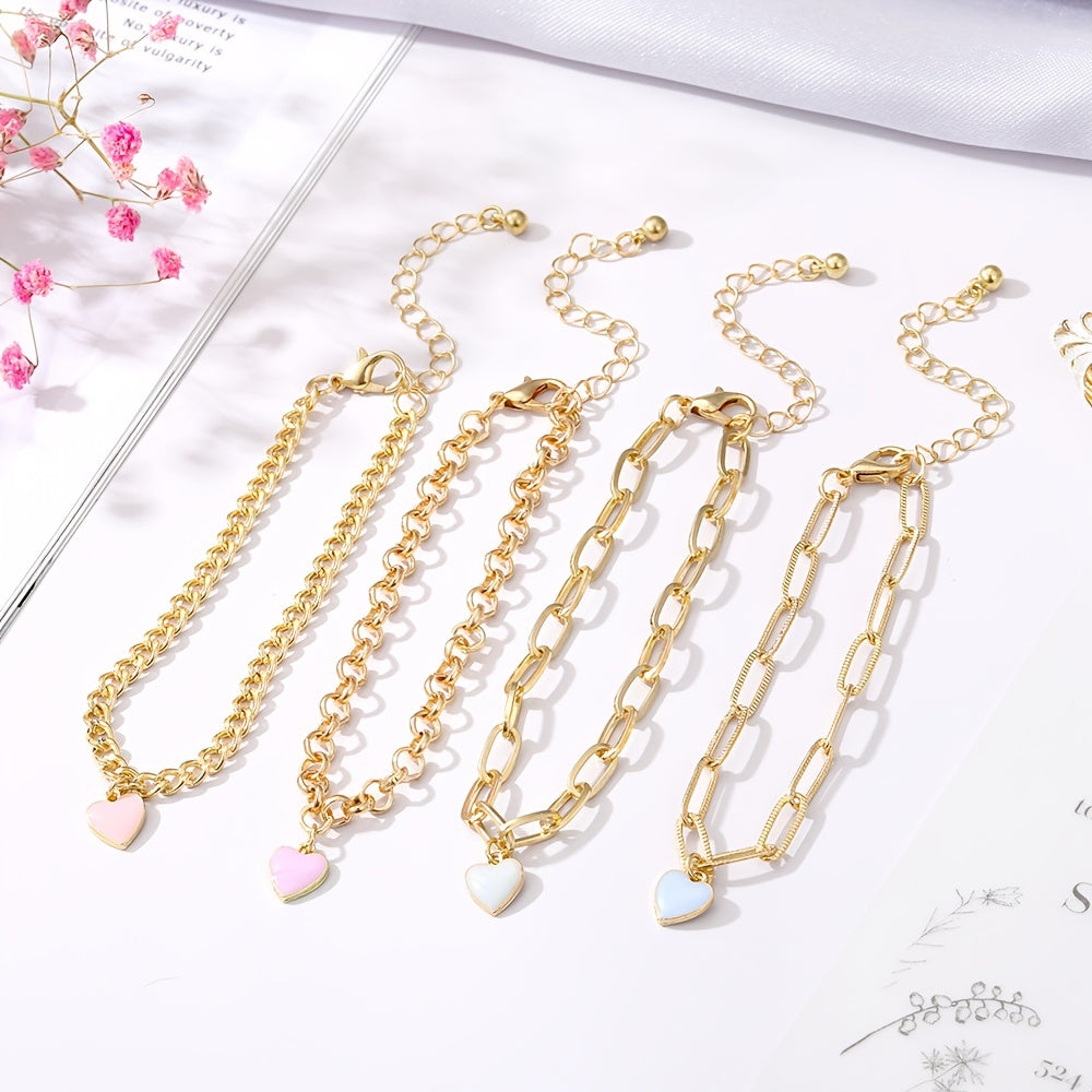 4pcs Heart Shape Pendant Chain Bracelets Adjustable Hand Jewelry for Girls