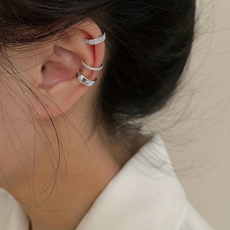3pcs Rhinestone Ear Clips Set Golden Silver Cuff Earrings for Girls