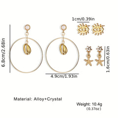 Ocean Style Earrings Set - Circle Shell Starfish Stud Dangle Earrings