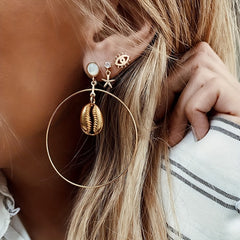 Ocean Style Earrings Set - Circle Shell Starfish Stud Dangle Earrings