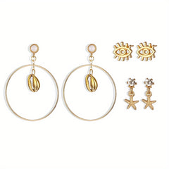 Ocean Style Earrings Set - Circle Shell Starfish Stud Dangle Earrings