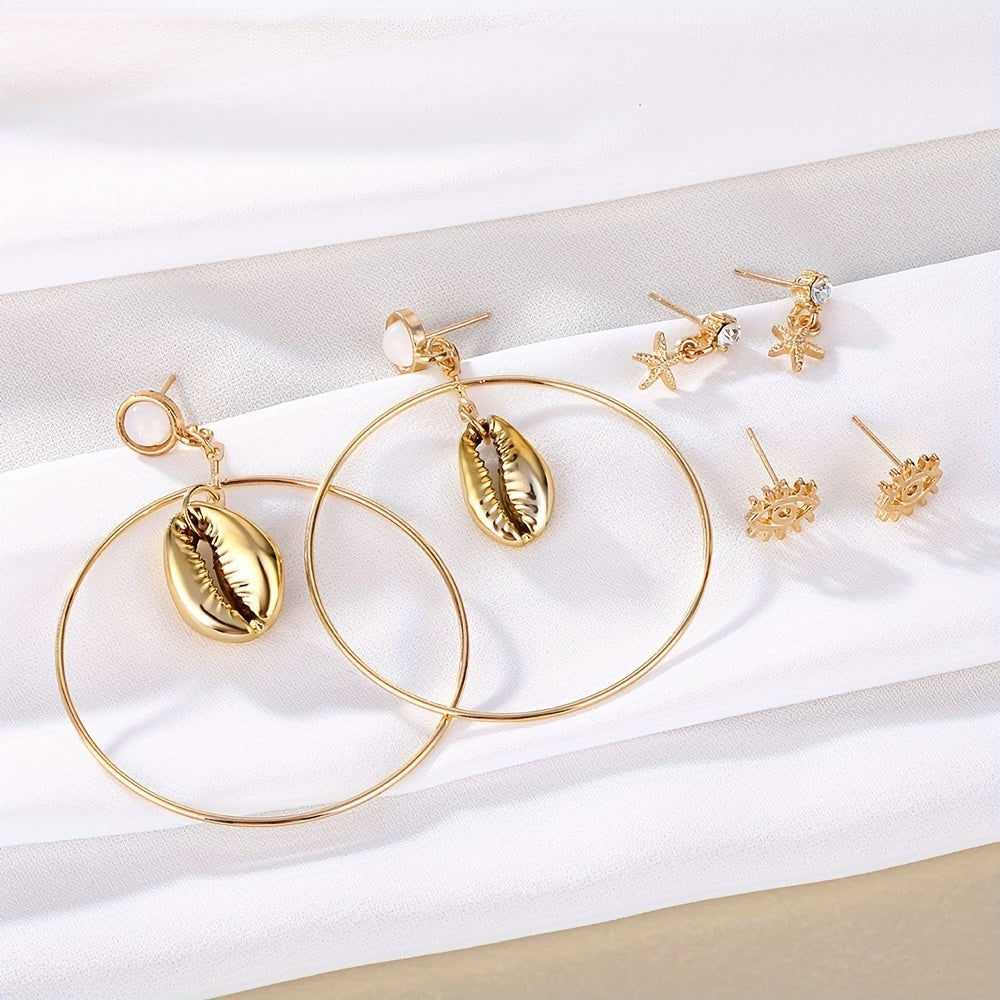 Ocean Style Earrings Set - Circle Shell Starfish Stud Dangle Earrings