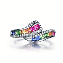 Rainbow Square Zircon Band Ring Pride Month Jewelry Birthday Gift
