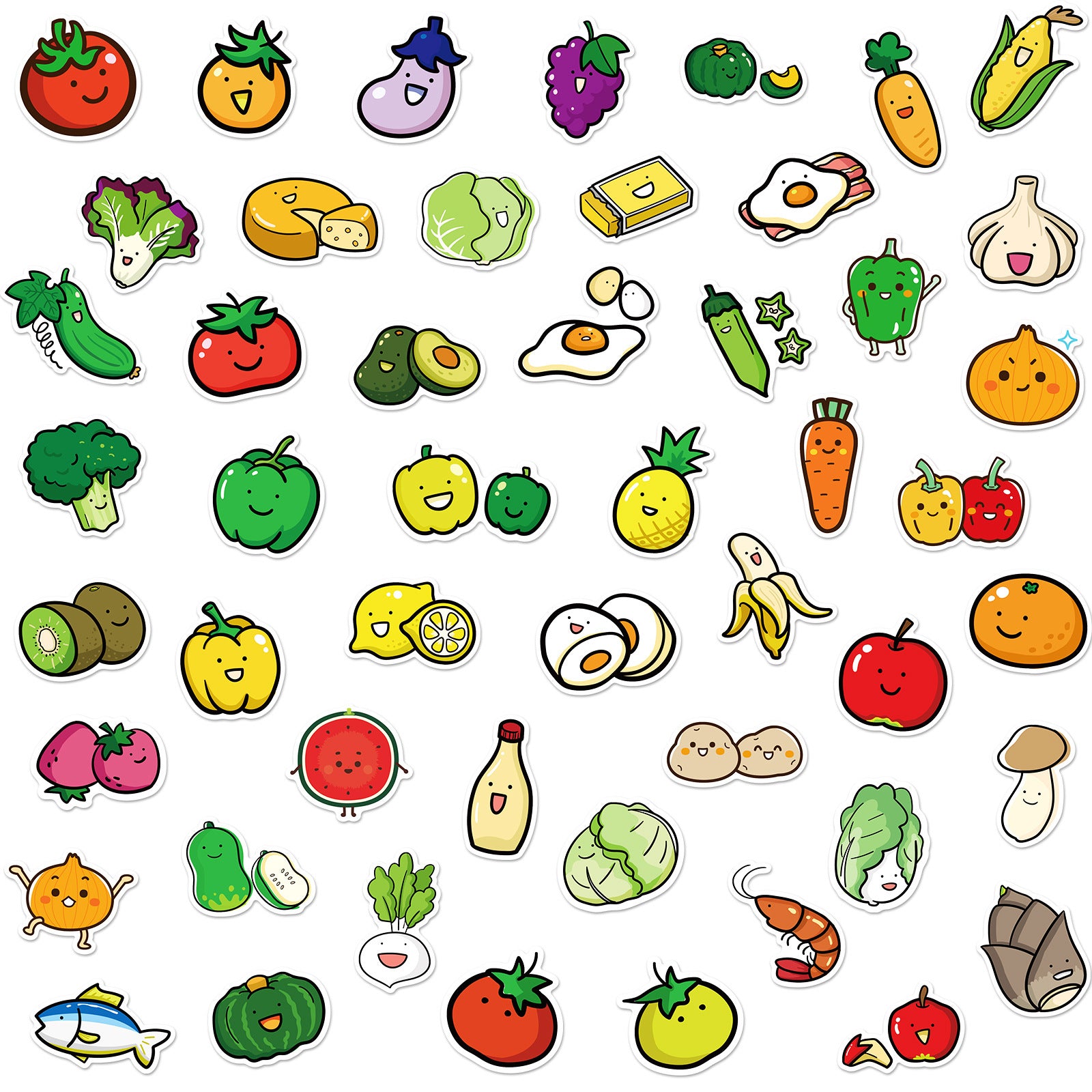 50pcs Fruit Vegetable Vegetarian Diet Doodle Funny Cartoon Stickers Pack