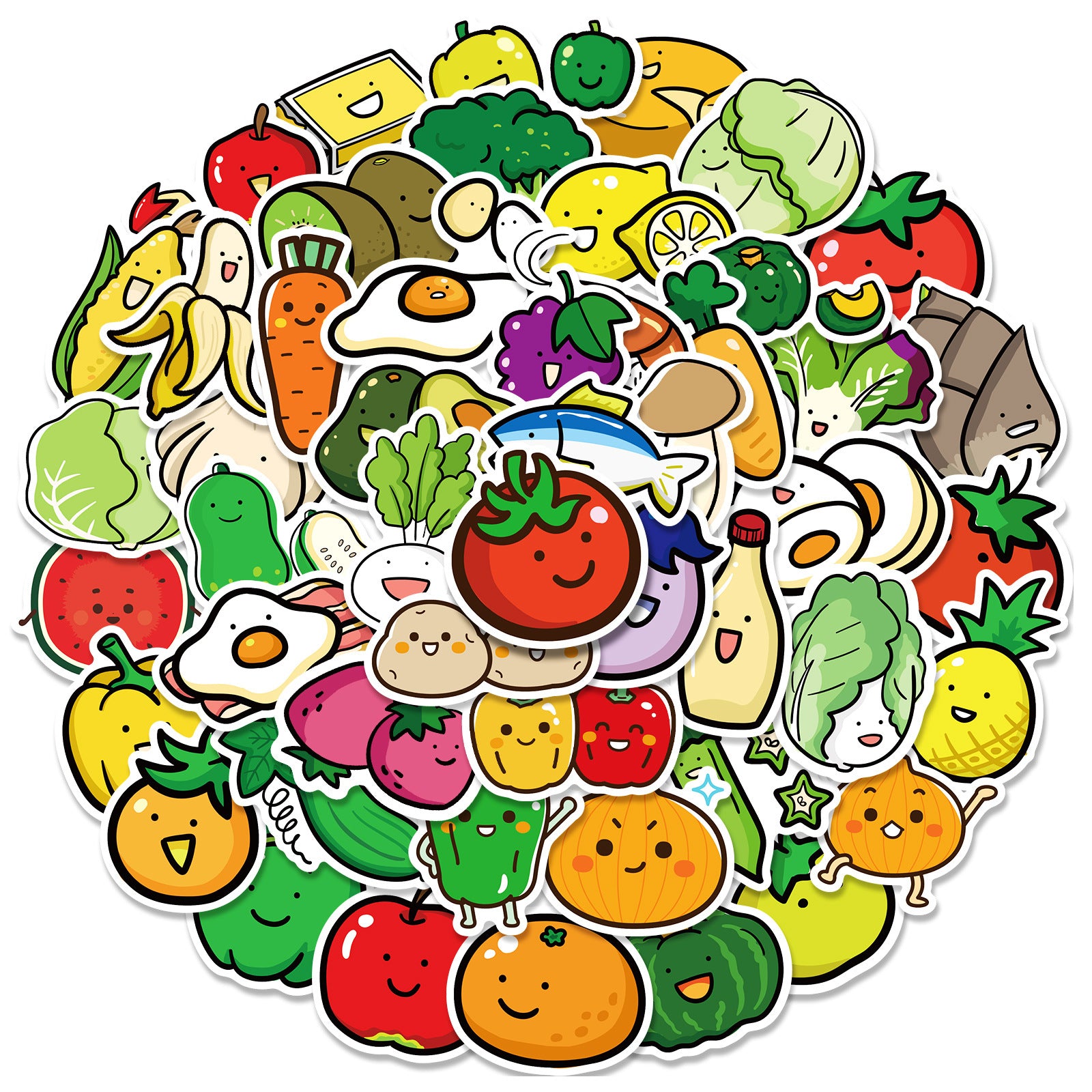 50pcs Fruit Vegetable Vegetarian Diet Doodle Funny Cartoon Stickers Pack