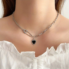 Y2K Style Heart Pendant Necklace Colorful Pink Rhinestones