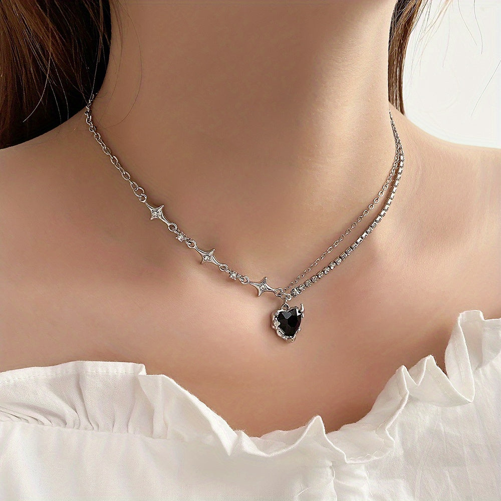 Y2K Style Heart Pendant Necklace Colorful Pink Rhinestones