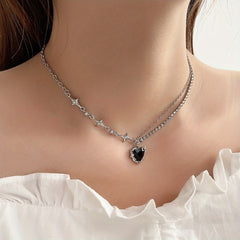 Y2K Style Heart Pendant Necklace Colorful Pink Rhinestones