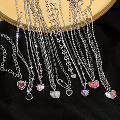 Y2K Style Heart Pendant Necklace Colorful Pink Rhinestones