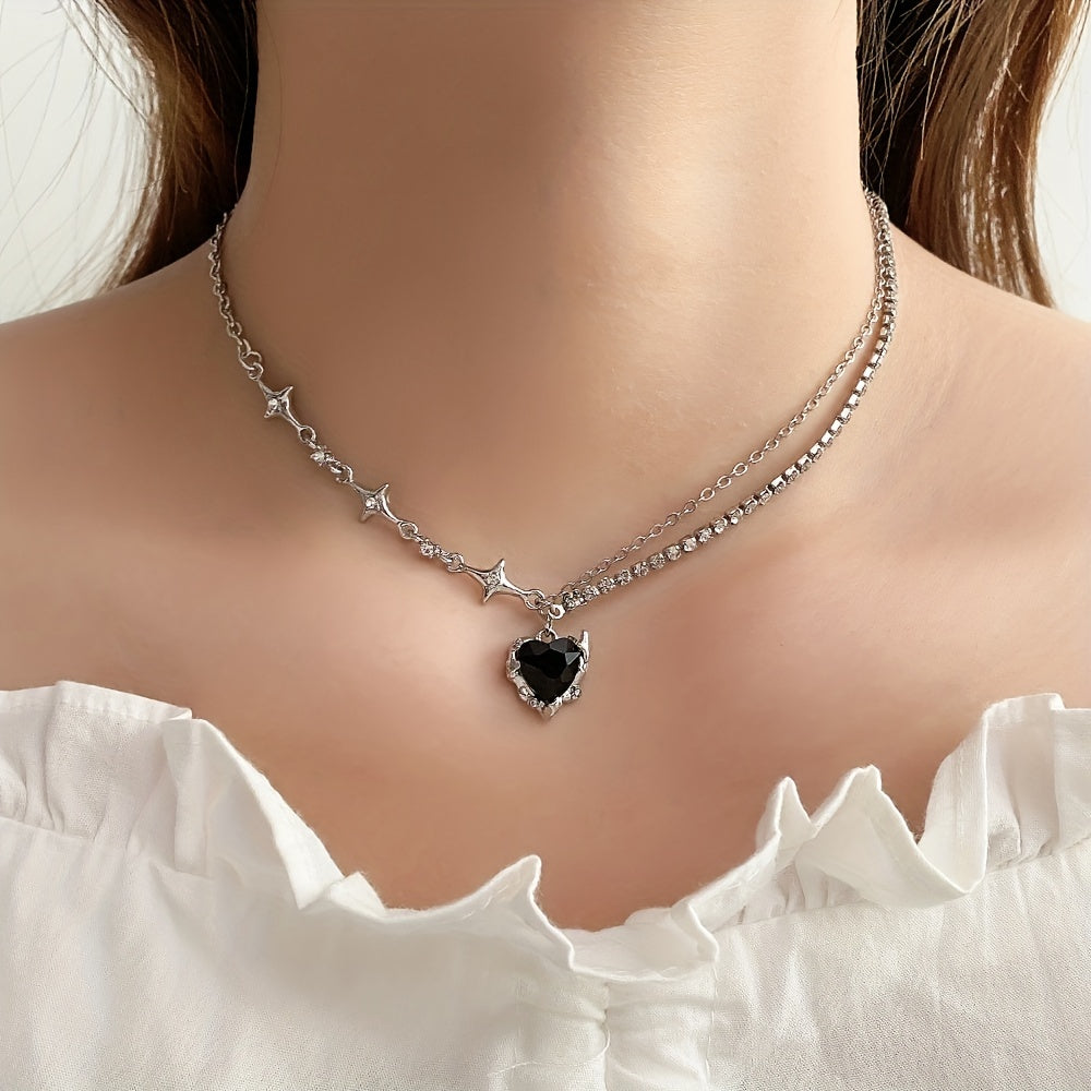 Y2K Style Heart Pendant Necklace Colorful Pink Rhinestones
