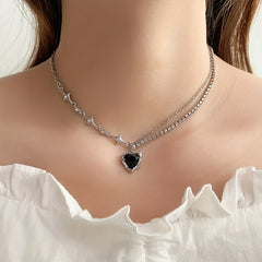 Y2K Style Heart Pendant Necklace Colorful Pink Rhinestones