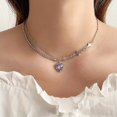 Y2K Style Heart Pendant Necklace Colorful Pink Rhinestones