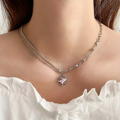 Y2K Style Heart Pendant Necklace Colorful Pink Rhinestones