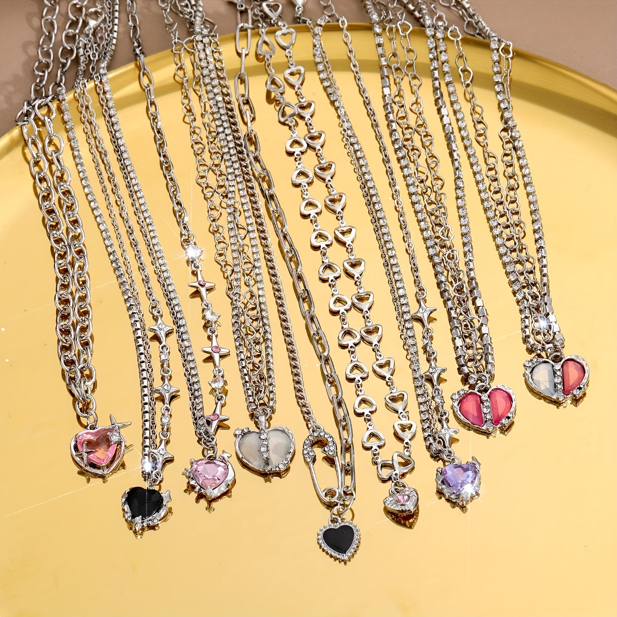 Y2K Style Heart Pendant Necklace Colorful Pink Rhinestones