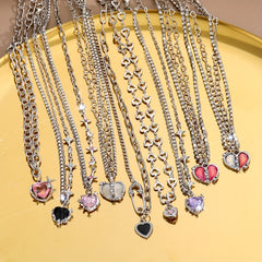 Y2K Style Heart Pendant Necklace Colorful Pink Rhinestones