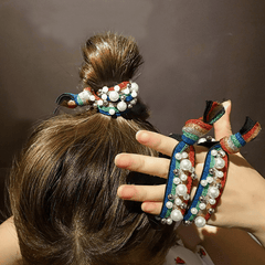 Leopard Pattern Ribbon Hair Tie with Faux Pearl Decor