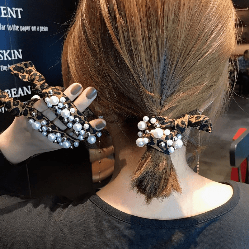 Leopard Pattern Ribbon Hair Tie with Faux Pearl Decor
