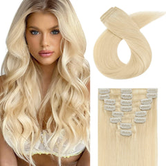 8Pcs Blonde Human Hair Clip In Hair Extensions 18 Clips Straight Weft 613