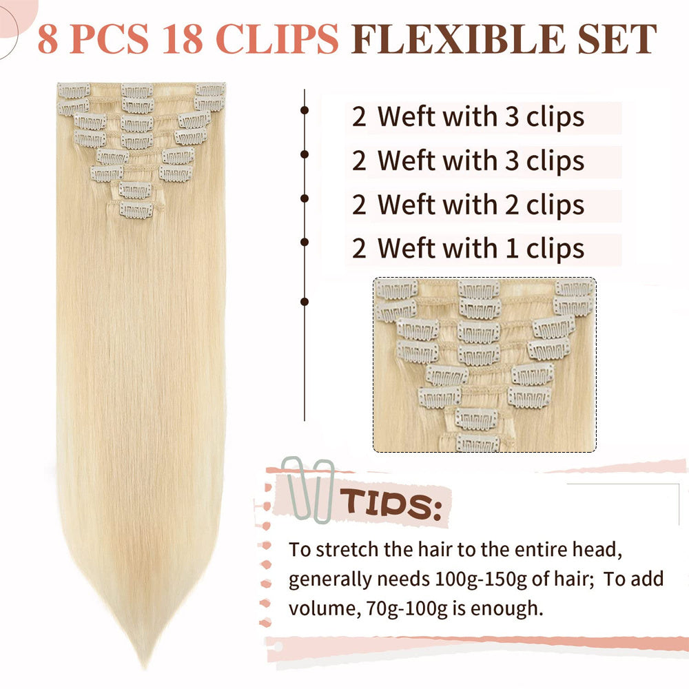 8Pcs Blonde Human Hair Clip In Hair Extensions 18 Clips Straight Weft 613