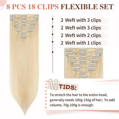 8Pcs Blonde Human Hair Clip In Hair Extensions 18 Clips Straight Weft 613