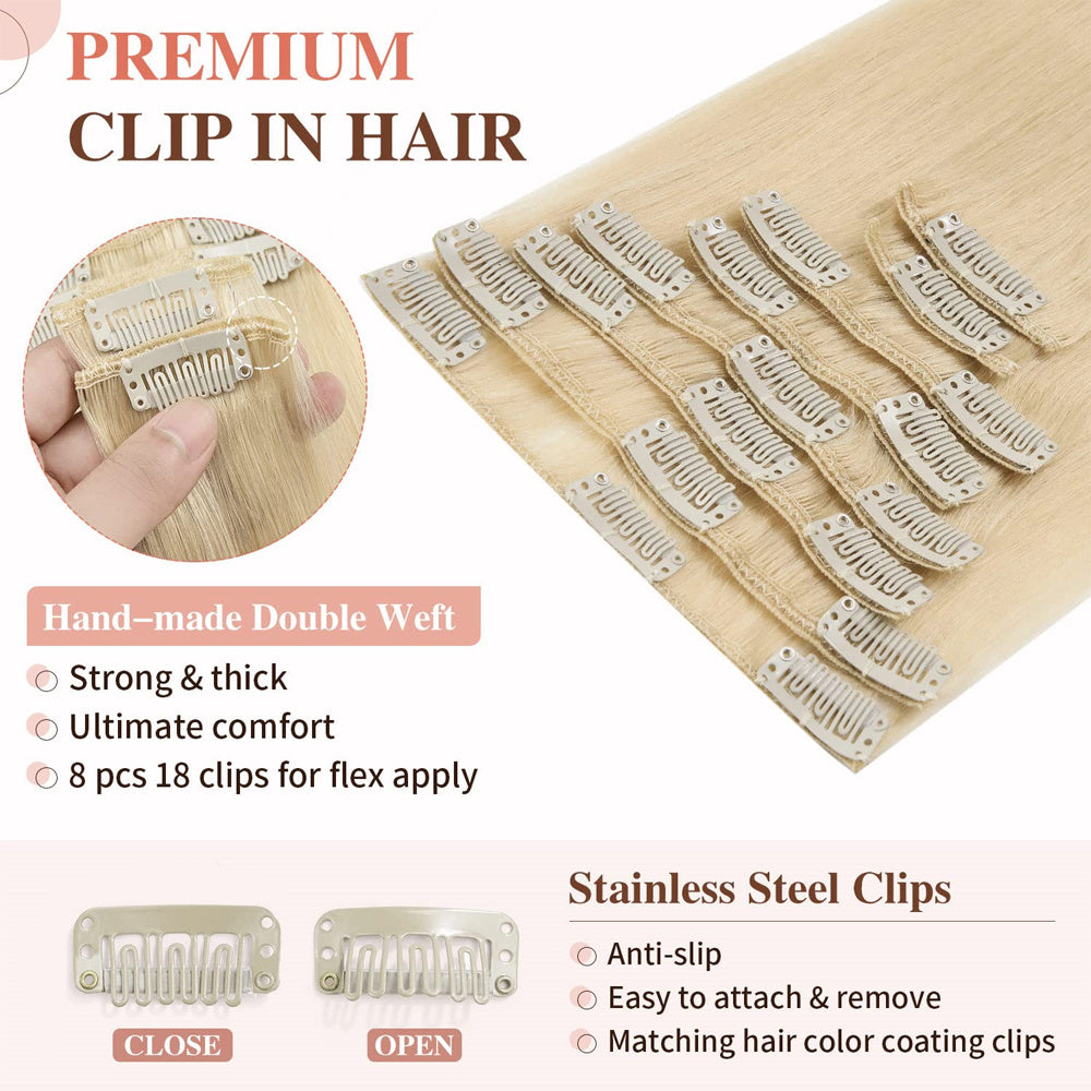 8Pcs Blonde Human Hair Clip In Hair Extensions 18 Clips Straight Weft 613