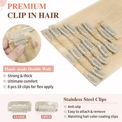 8Pcs Blonde Human Hair Clip In Hair Extensions 18 Clips Straight Weft 613