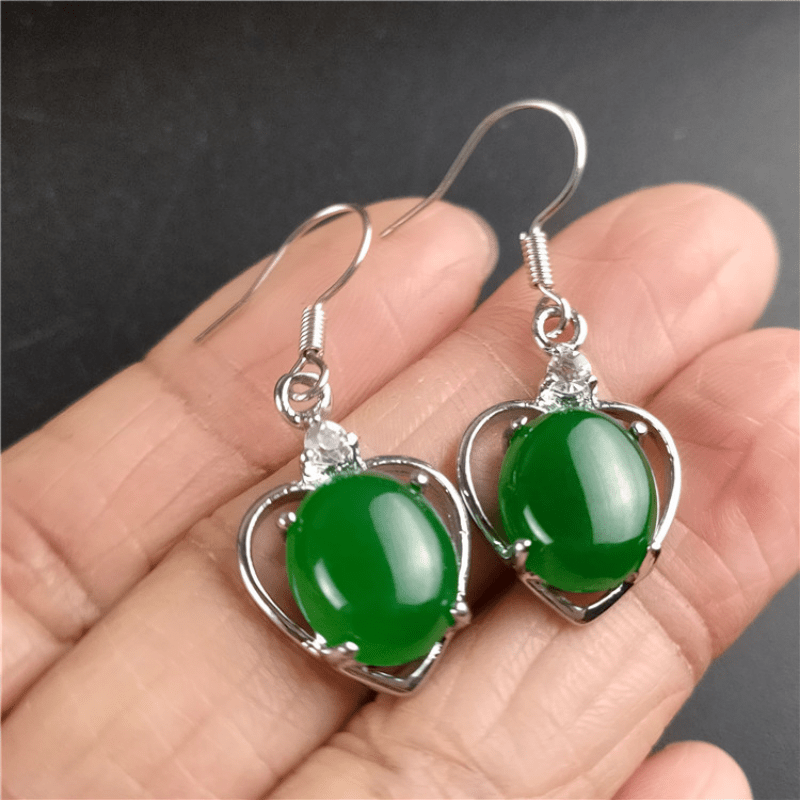 Men's Green Jade Inlaid With Emerald Oval Earrings