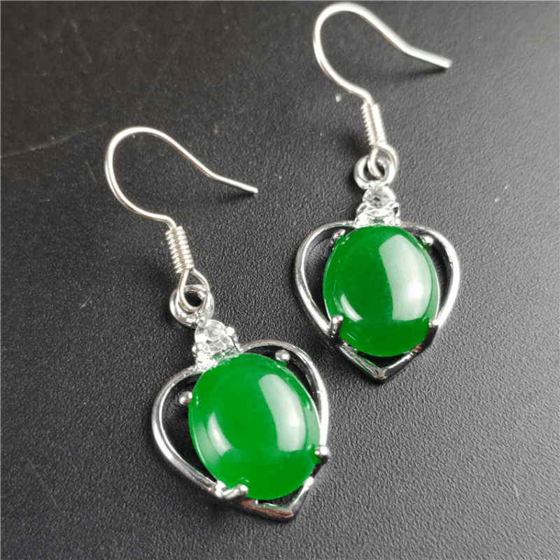 Men's Green Jade Inlaid With Emerald Oval Earrings