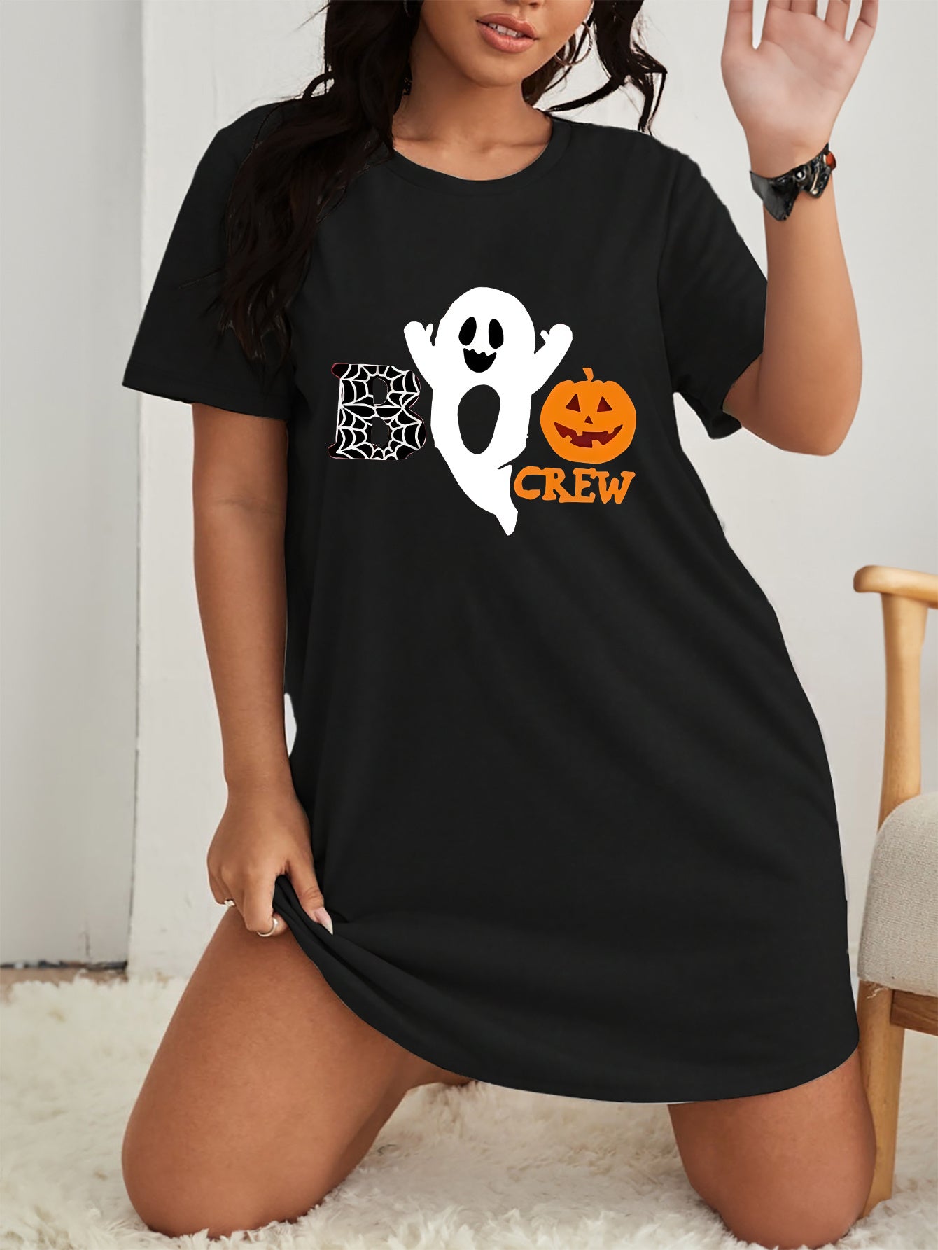 Women's Plus Size Halloween Lounge Dress Ghost & Pumpkin Print Tee Nightdress