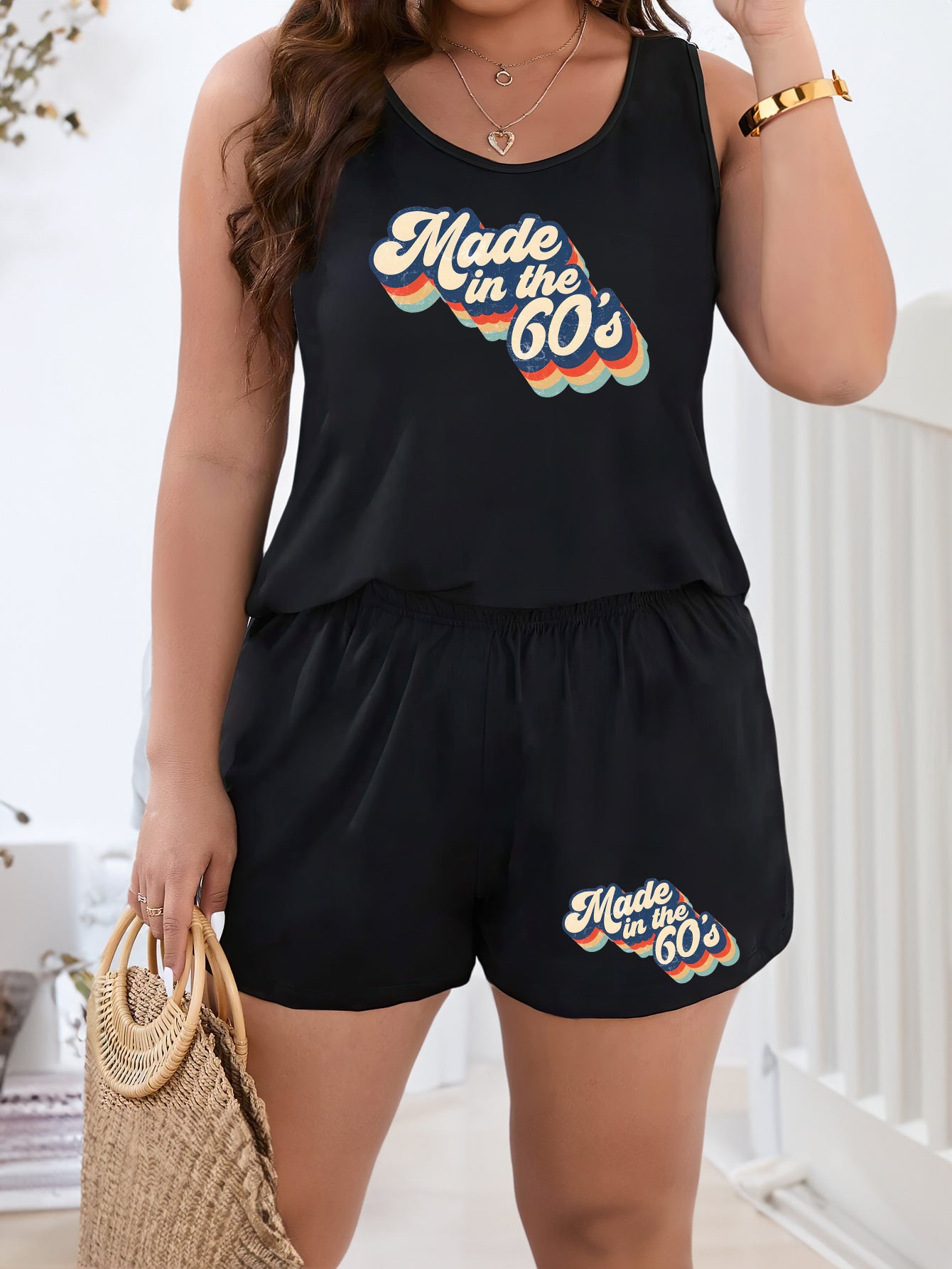 Women's Plus '60s' Letter Print Tank Top & Shorts Pajama Set
