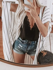 Striped Sheer Blouse Kimono V Neck Cover Up Short Sleeve Beachwear