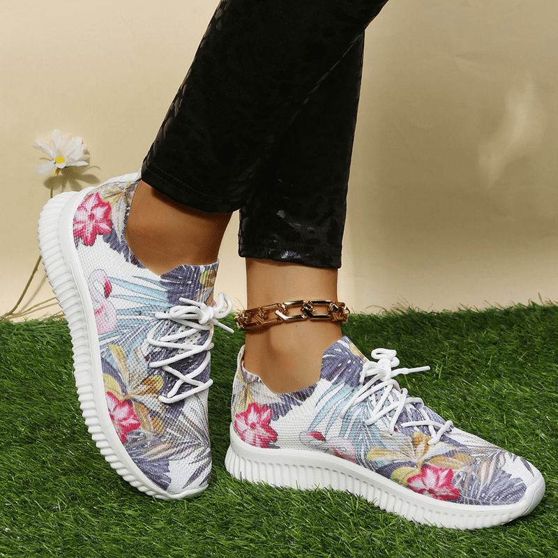 Women's Flamingo & Flower Print Sneakers Casual Lace Up Outdoor Shoes