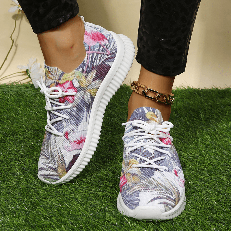 Women's Flamingo & Flower Print Sneakers Casual Lace Up Outdoor Shoes