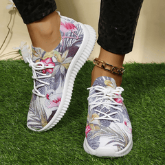 Women's Flamingo & Flower Print Sneakers Casual Lace Up Outdoor Shoes