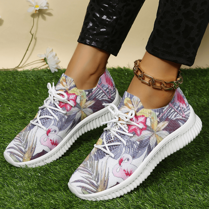 Women's Flamingo & Flower Print Sneakers Casual Lace Up Outdoor Shoes