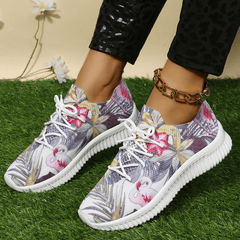 Women's Flamingo & Flower Print Sneakers Casual Lace Up Outdoor Shoes