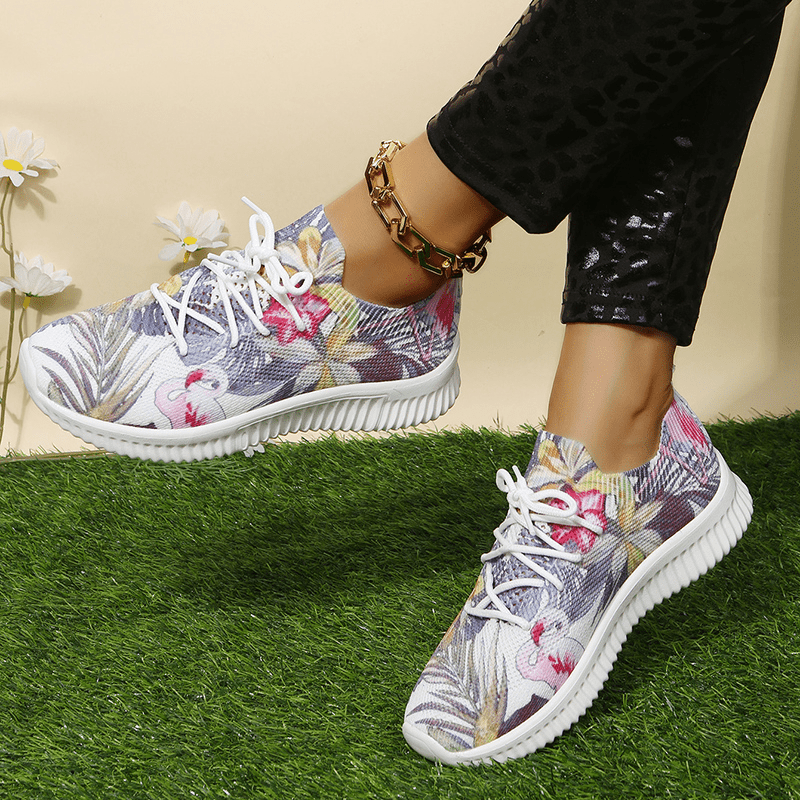 Women's Flamingo & Flower Print Sneakers Casual Lace Up Outdoor Shoes