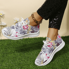 Women's Flamingo & Flower Print Sneakers Casual Lace Up Outdoor Shoes