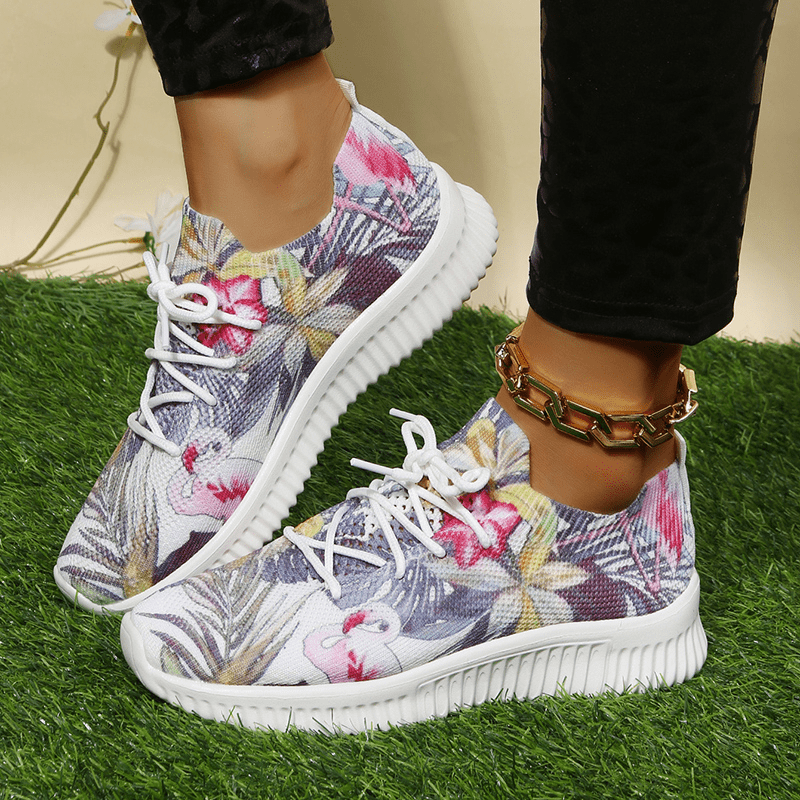 Women's Flamingo & Flower Print Sneakers Casual Lace Up Outdoor Shoes
