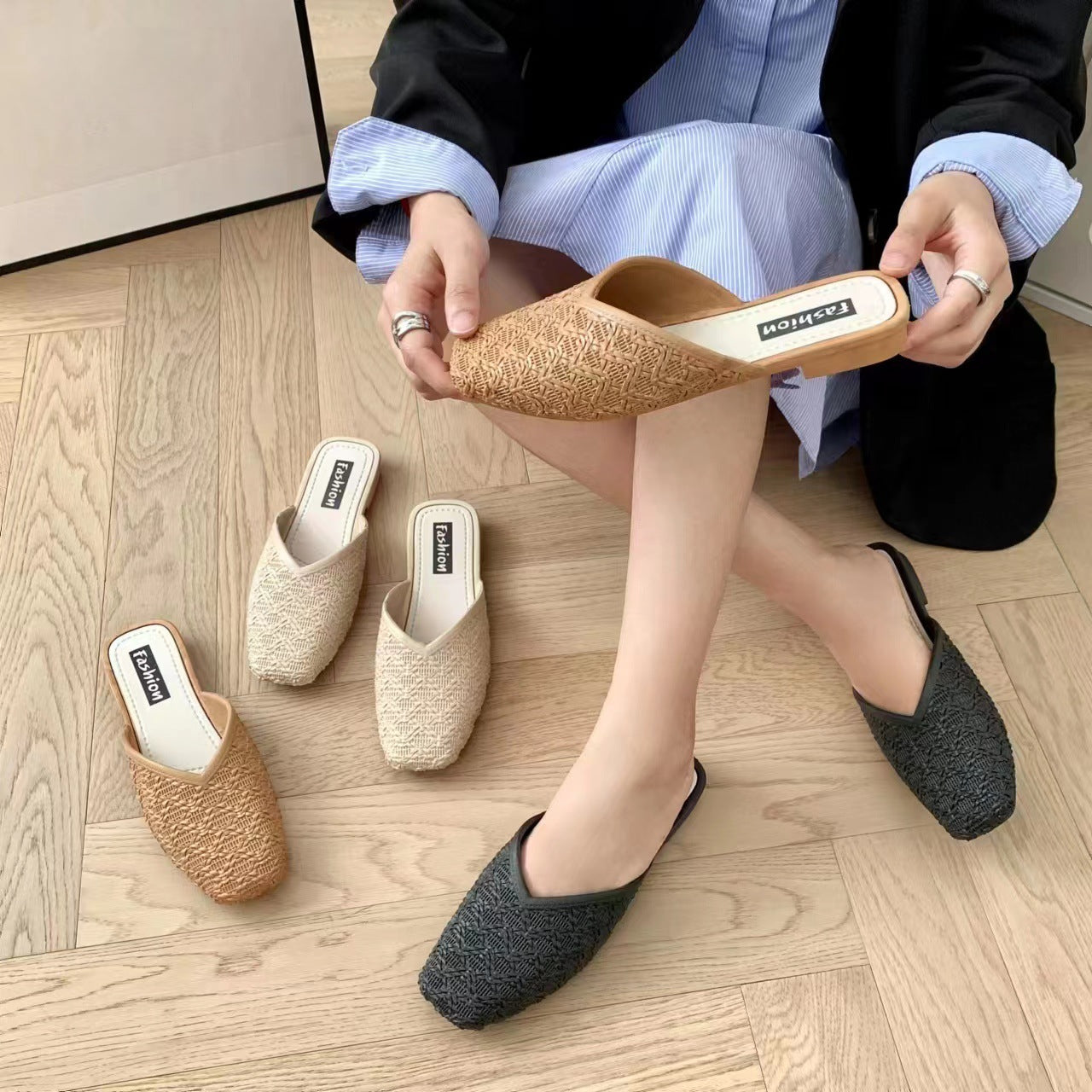 Women's Solid Mesh Slip On Square Toe Block Heel Shoes